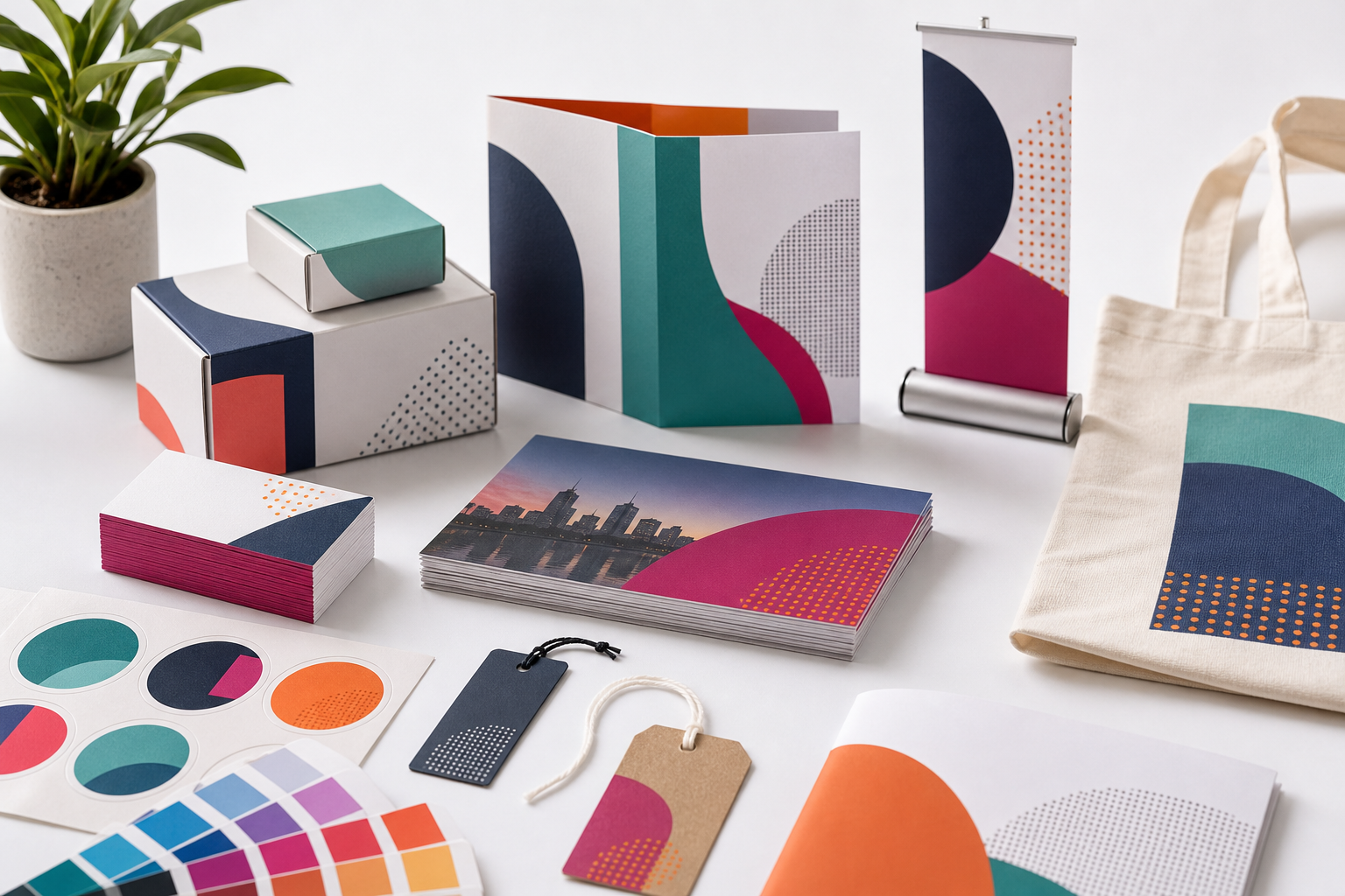 Premium printed business cards, brochures, stickers and packaging mockups